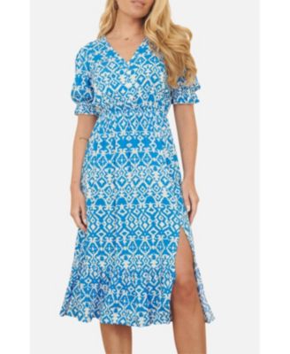 Women's Geometric Print Puff Sleeve Midi Dress