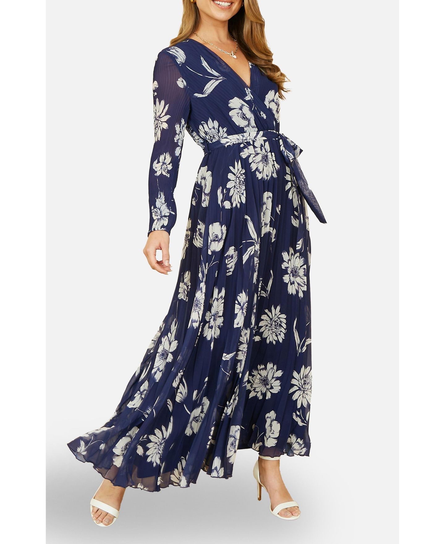 Женское платье Yumi Floral Pleated Midi Wrap, цвет: Тёмно-синий — фото 7