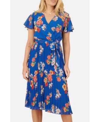 Women's Pleated Floral Tie-Waist Wrap Midi Dress