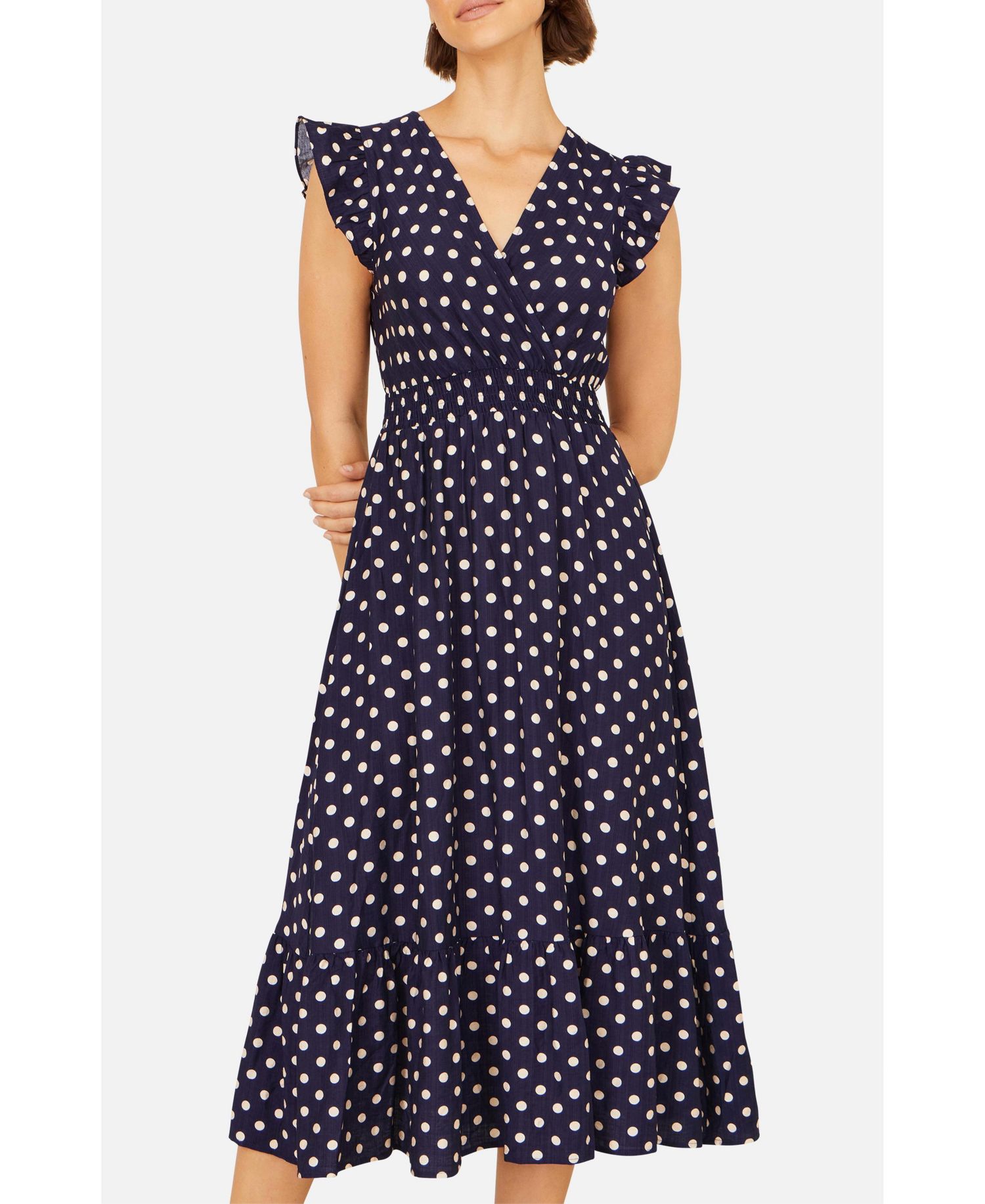 Women's Spot Ruched Waist Midi Dress