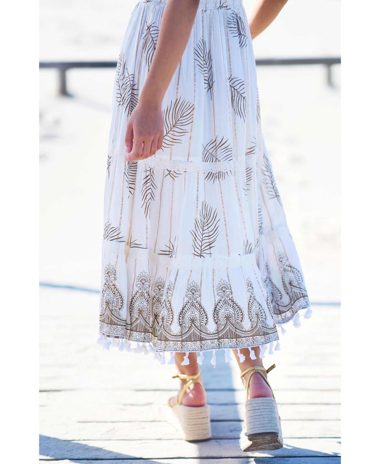 Женское платье Yumi Foil Print Lace Trim Midi Sun, цвет: Слоновая кость — фото 7