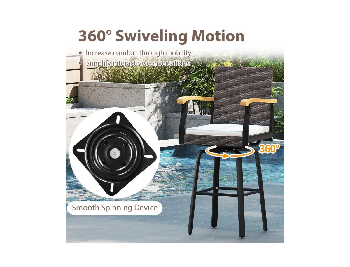 Slickblue Patio Swivel Bar Stool with Cushion and Acacia Wood Armrests