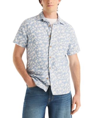 Men's Reverse Palm Tree Printed Linen Short-Sleeve Shirt