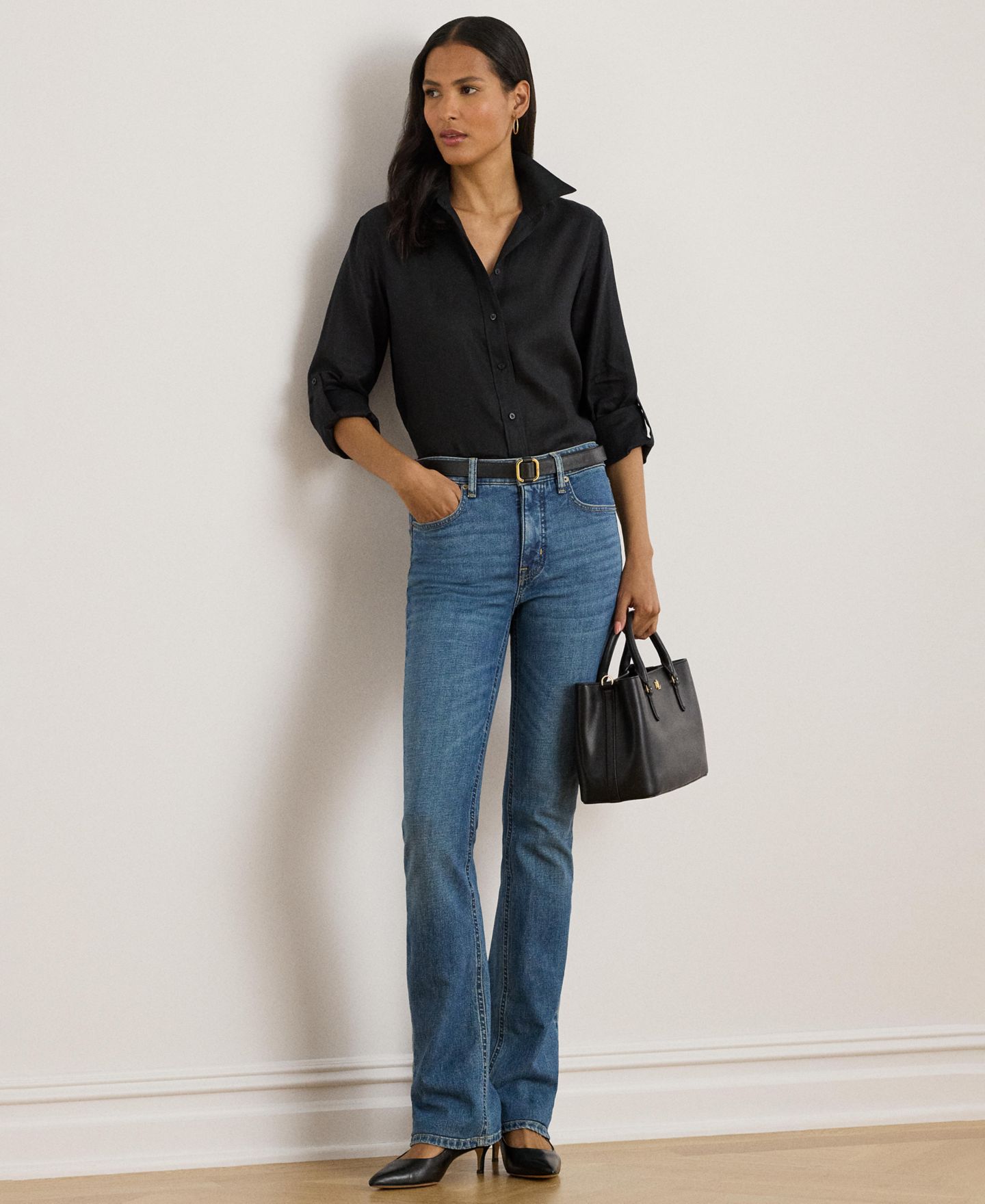 Женская рубашка Lauren Ralph Lauren Point Collar Button Placket, цвет: Чёрный — фото 2