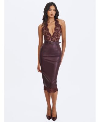 Women's Fiera Mahogany Plunging Halter Belted Midi Dress