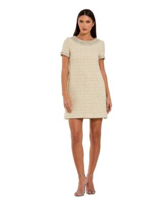 Women's Short Sleeve Boucle Mini Dress With Beading Detail