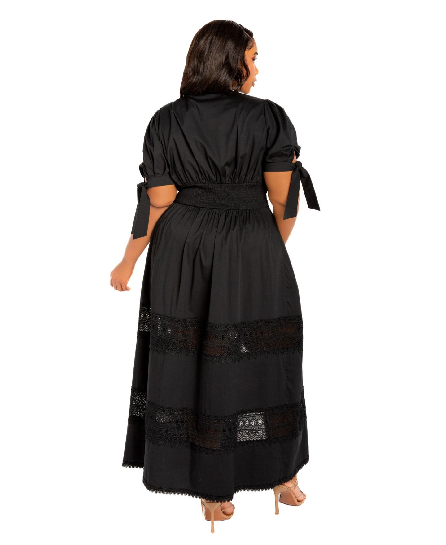 Женское платье Buxom Couture Plus Size Puff Sleeve Tiered Eyelet Maxi, цвет: Чёрный — фото 3