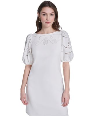 Women's Embroidered Boat Neck Mini Dress