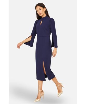 Women's Mock Neck Keyhole Tailored Midi Dress
