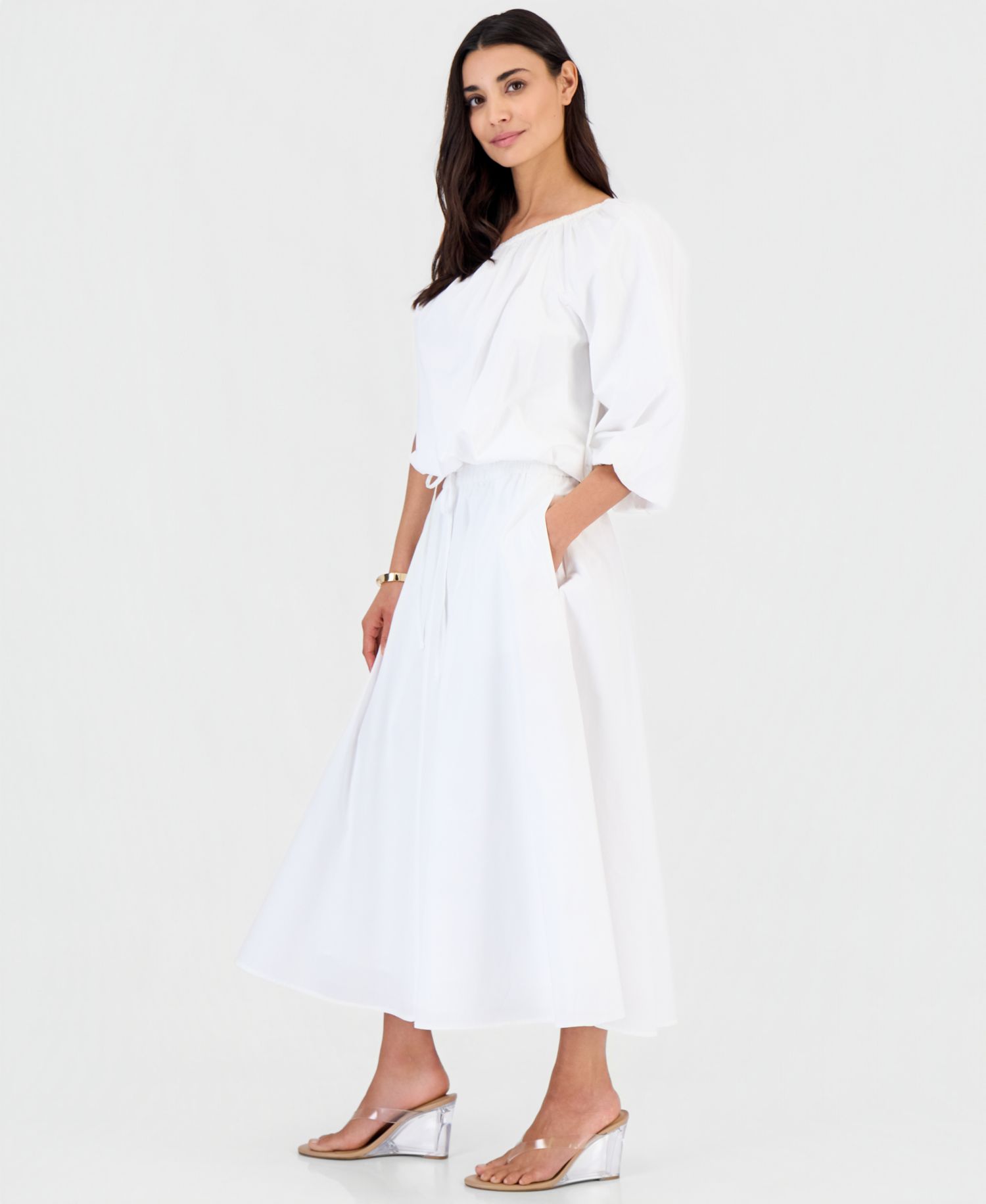 Petite Solid Pleated Drawstring Midi Skirt