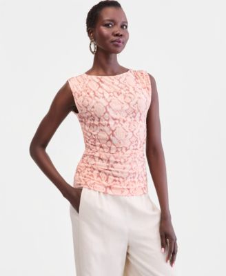 Women's Printed High-Neck Ruched Mesh Tank