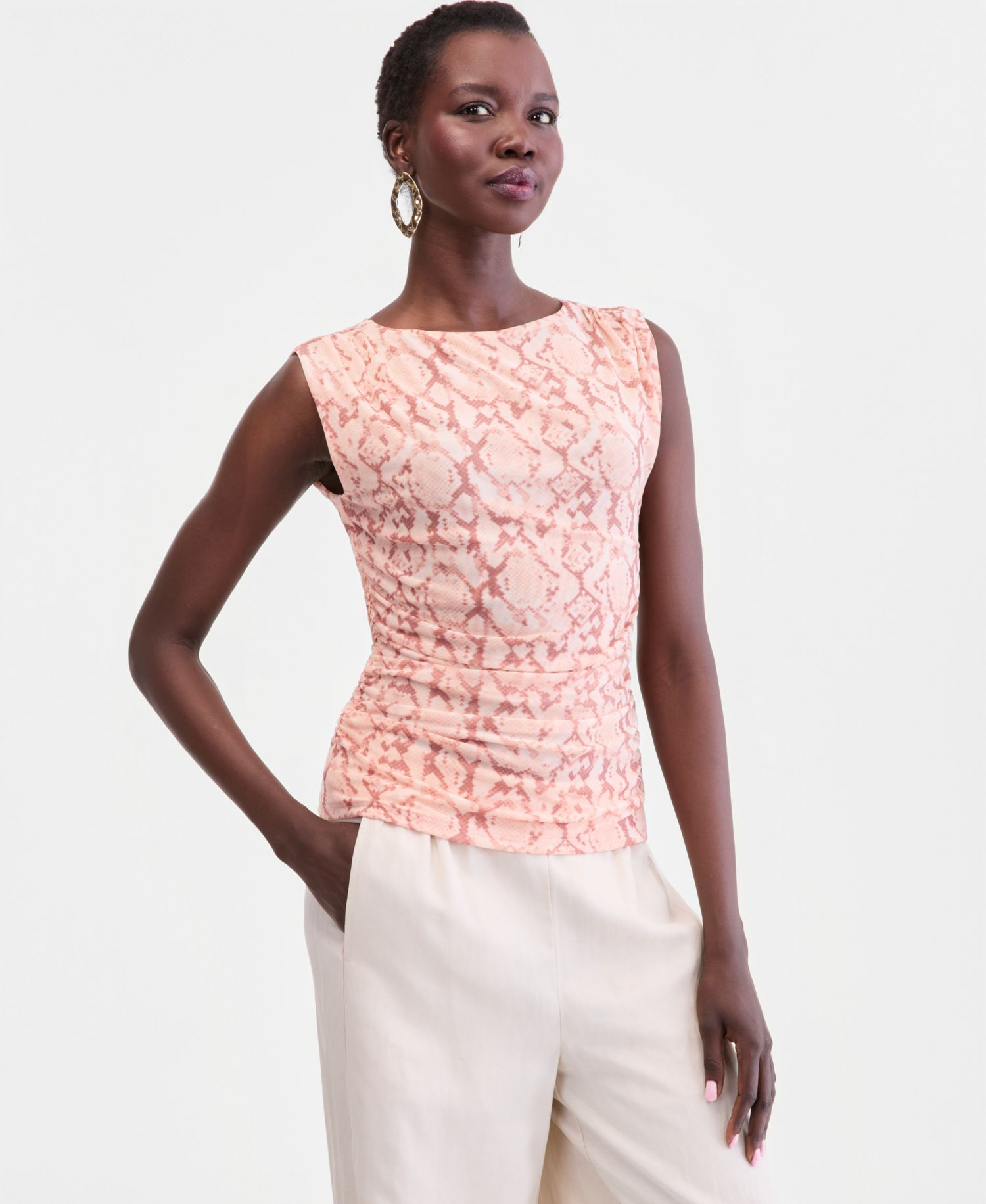 Women's Printed High-Neck Ruched Mesh Tank