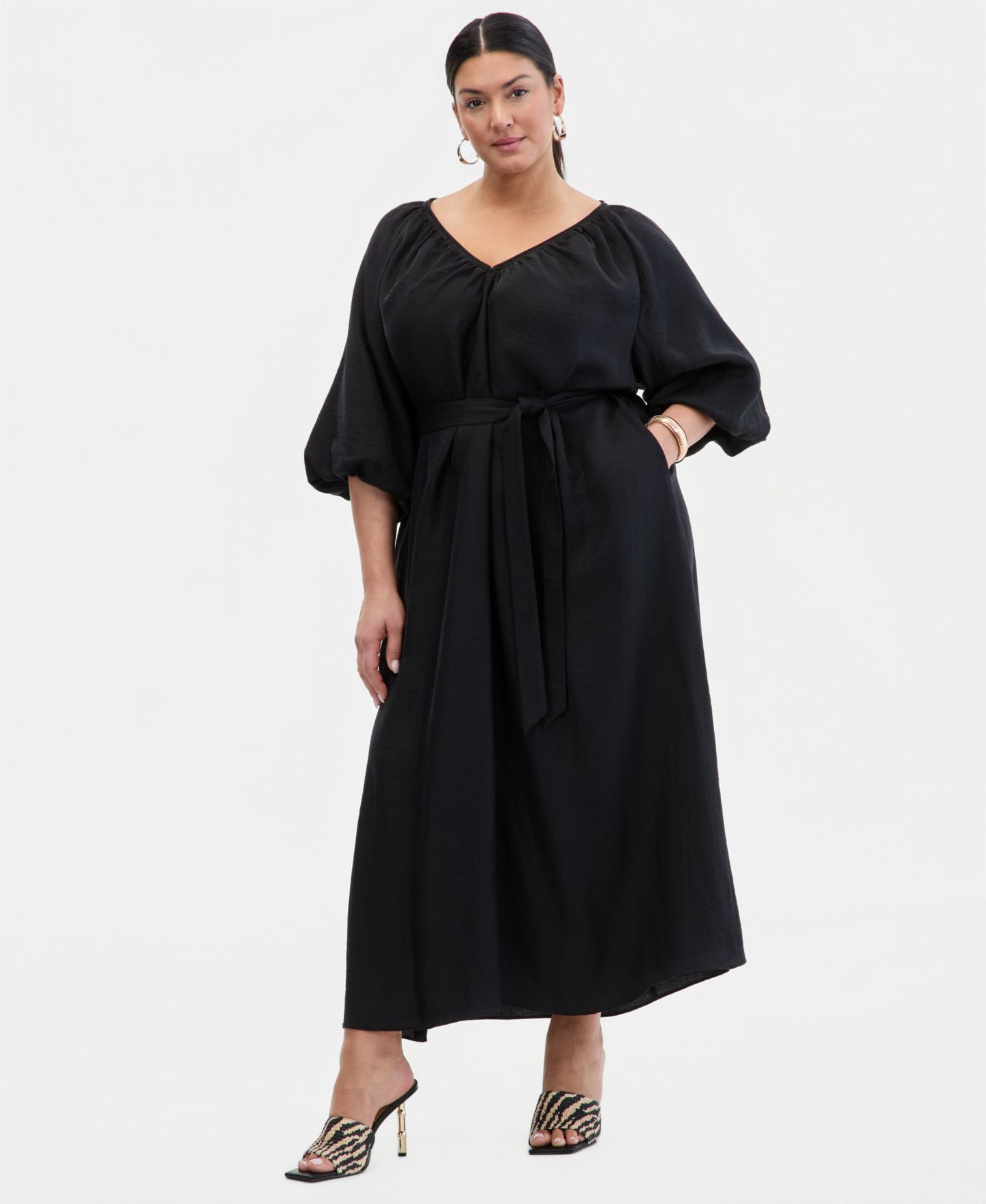 Женское платье I.N.C. International Concepts 3/4 Sleeve Tie-Waist Midi, цвет: Глубокий чёрный — фото 2