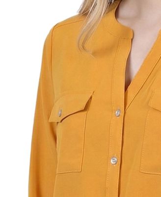 Women's 3/4 Roll Tab Sleeve Mandarin Collar Blouse