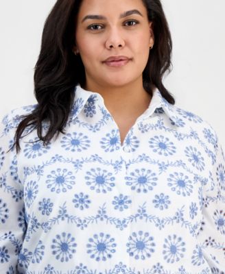 Plus Size Collared Eyelet-Embroidered Shirt