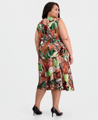 Plus Size Printed Pleat-Neck Sleeveless Top & Pull-On Flare Midi Skirt