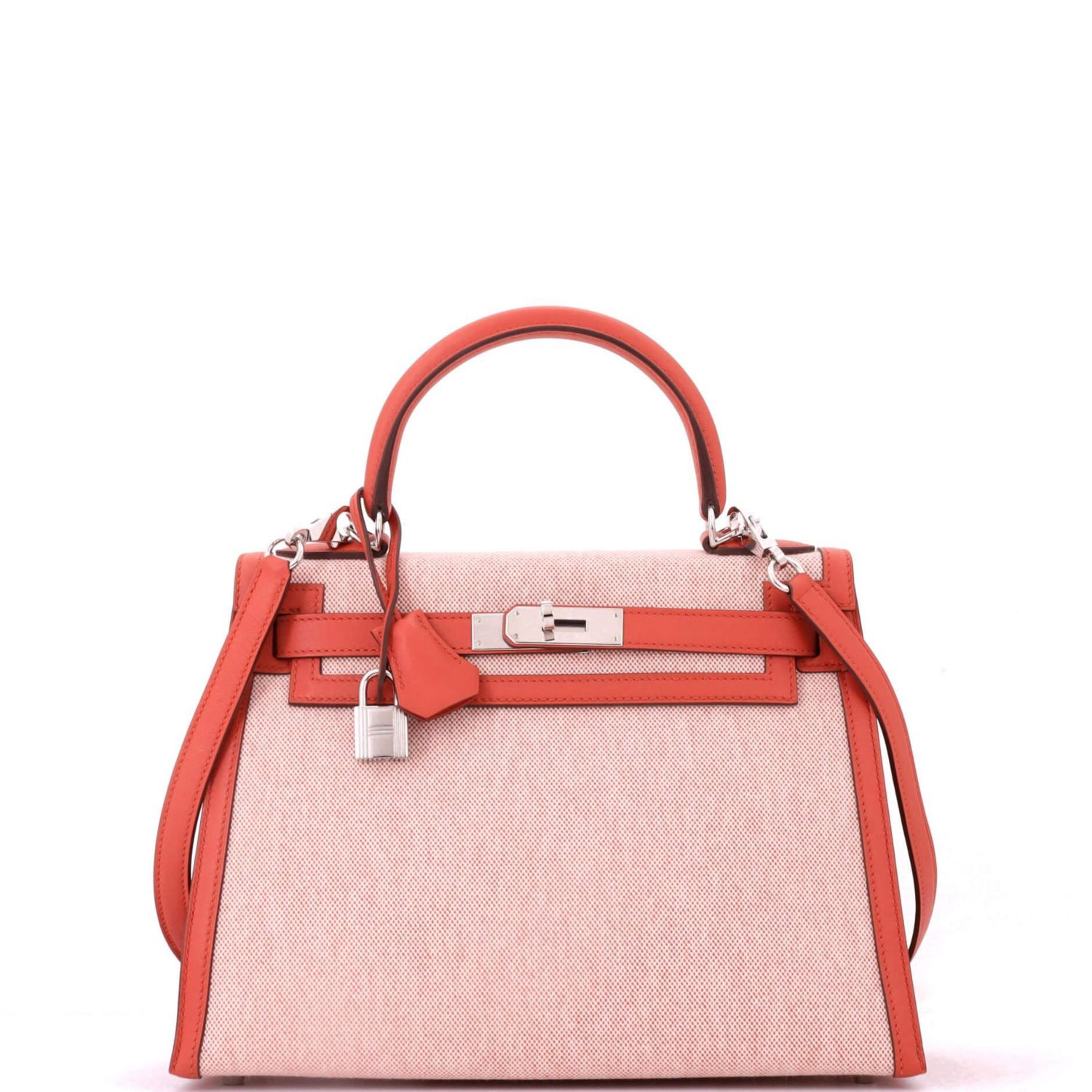 Kelly 28 Handbag Toile and Brown Swift with Palladium Hardware