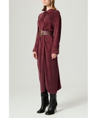 Women's Belted Draped Shirt-Collar Maxi Dress