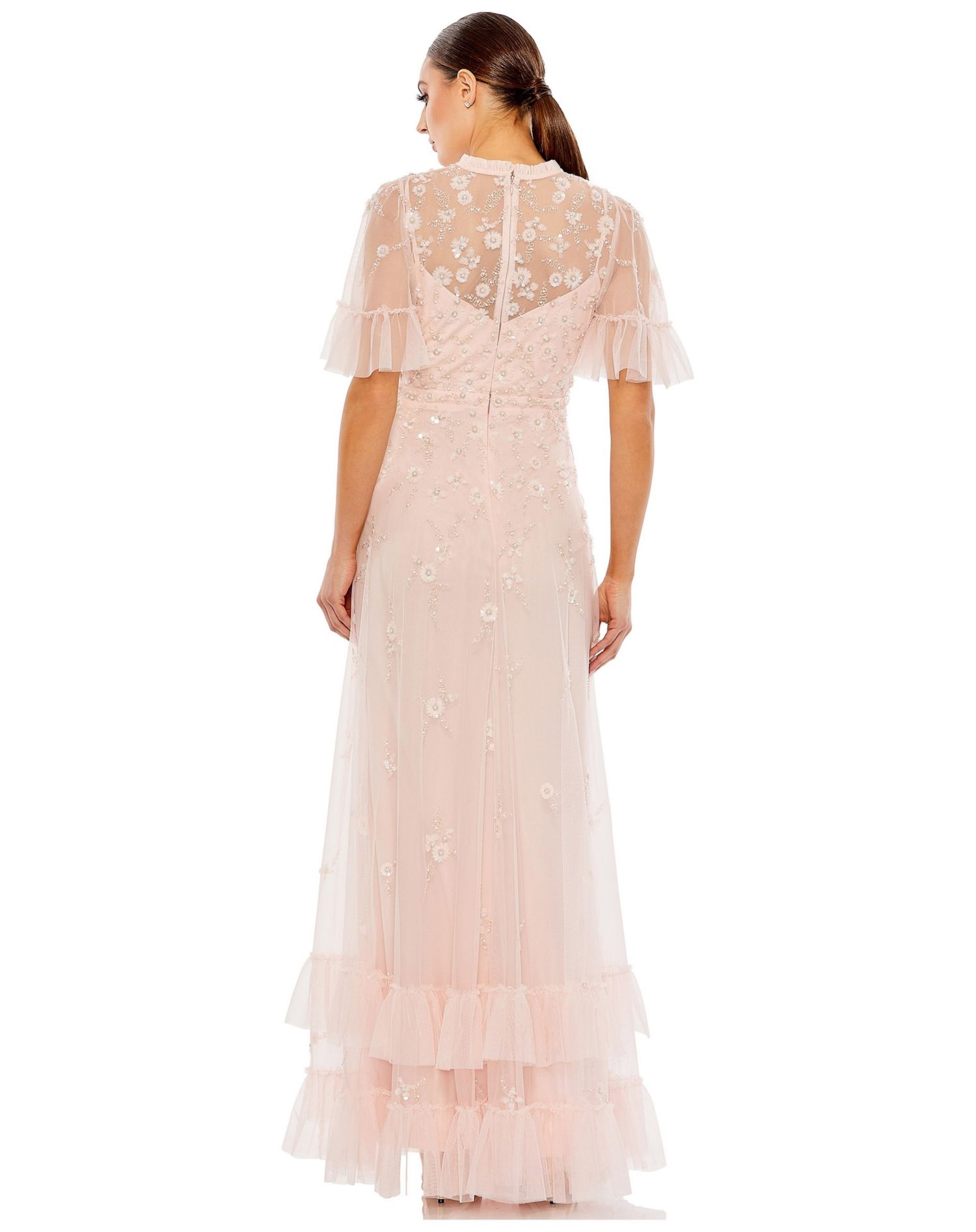 Women's Ruffled Floral Embellished Flutter Sleeve A Line Gown