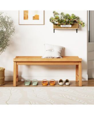 Patio Teak Wood Backless Bench with Ergonomic Slatted Seat