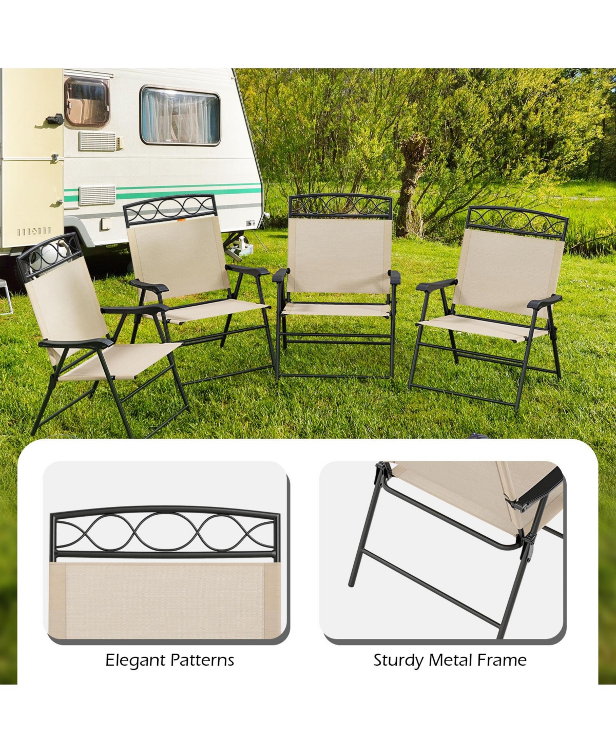 Gymax 4 Pack Patio Folding Chairs w/ Backrests & Armrests Metal Frame Outdoor