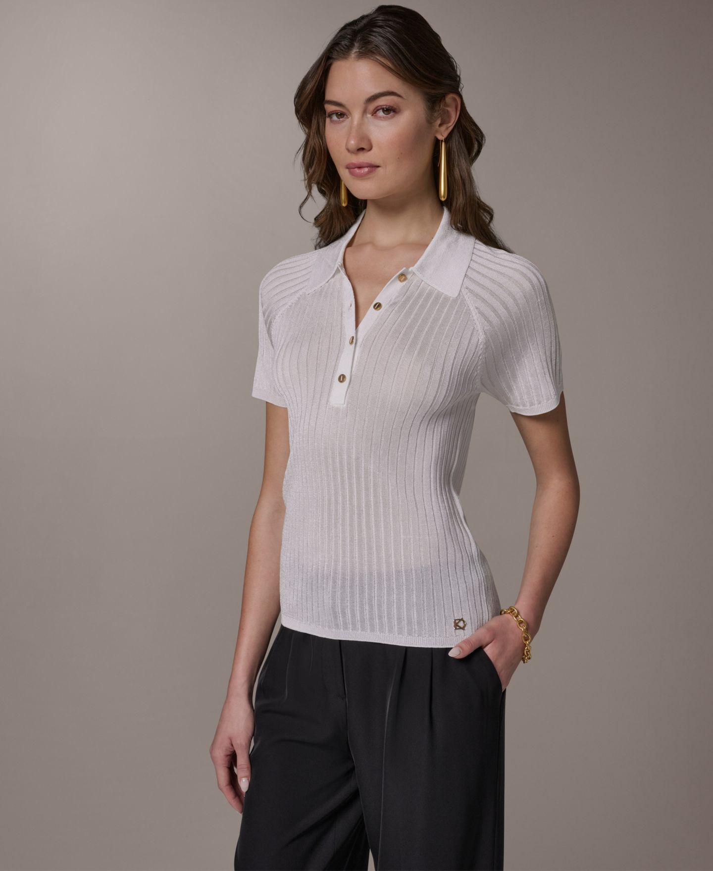 Женский свитер Donna Karan New York Short-Sleeve Polo, цвет: Кремовый — фото 3
