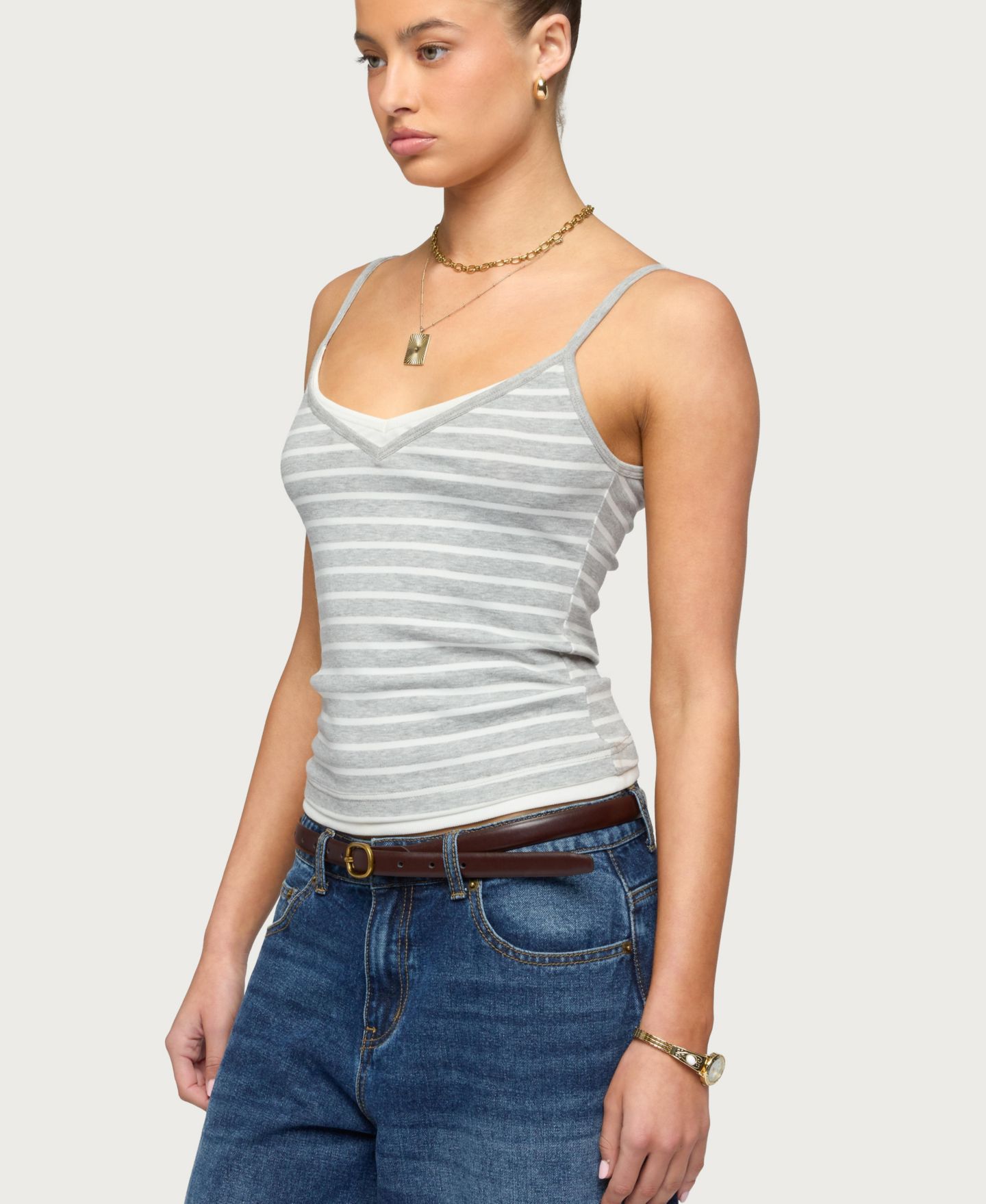 Женский топ Edikted Layered Contrast Striped, цвет: Светлый серый меланжевый — фото 4