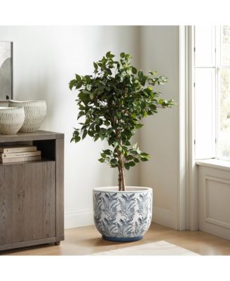 Blue Botanical Floral Ceramic Planter, 15.5" Round Garden Pot for Indoor & Outdoor Plants