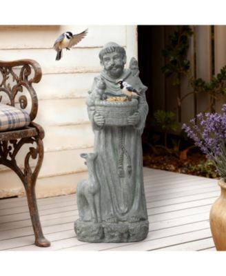 Saint Francis Garden Statue with Birdfeeder Bowl, Outdoor Sculpture with Animal Companions