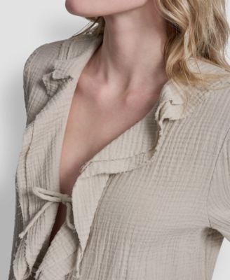 Women's V-Neck Short Puff Sleeve Tie-Front Shirt