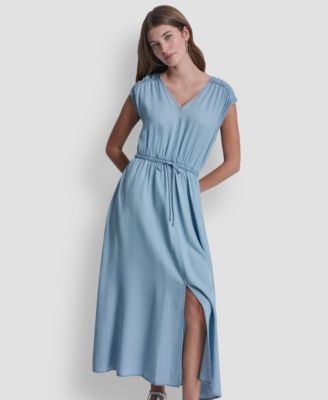 Women's Ruched Shoulder Sleeveless V-Neck Dress