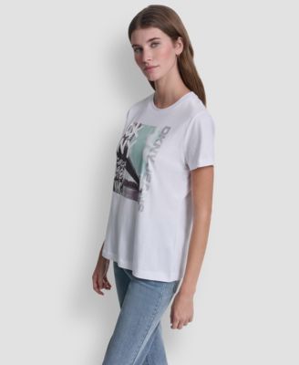 Women's Rhinestone Graffiti Logo Crew Neck T-Shirt