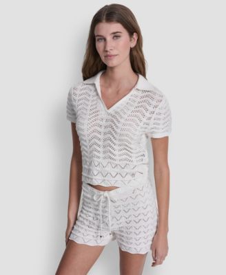 Women's Short-Sleeve V-Neck Polo Cropped Sweater