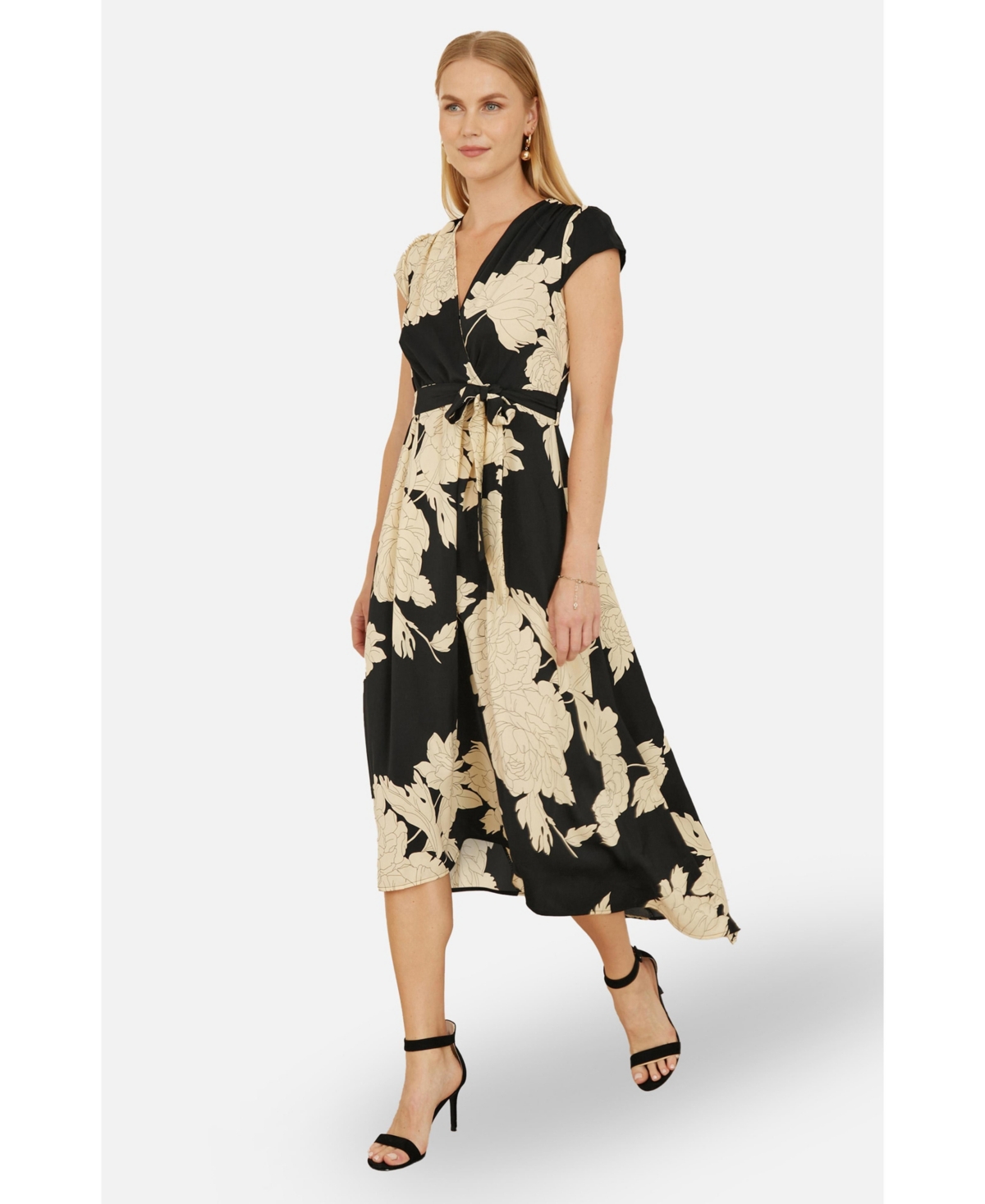 Yumi Women's Blossom Print Dipped Hem Wrap Midi Dress
