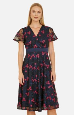 Women's Floral Mesh Wrap Midi Skater Dress
