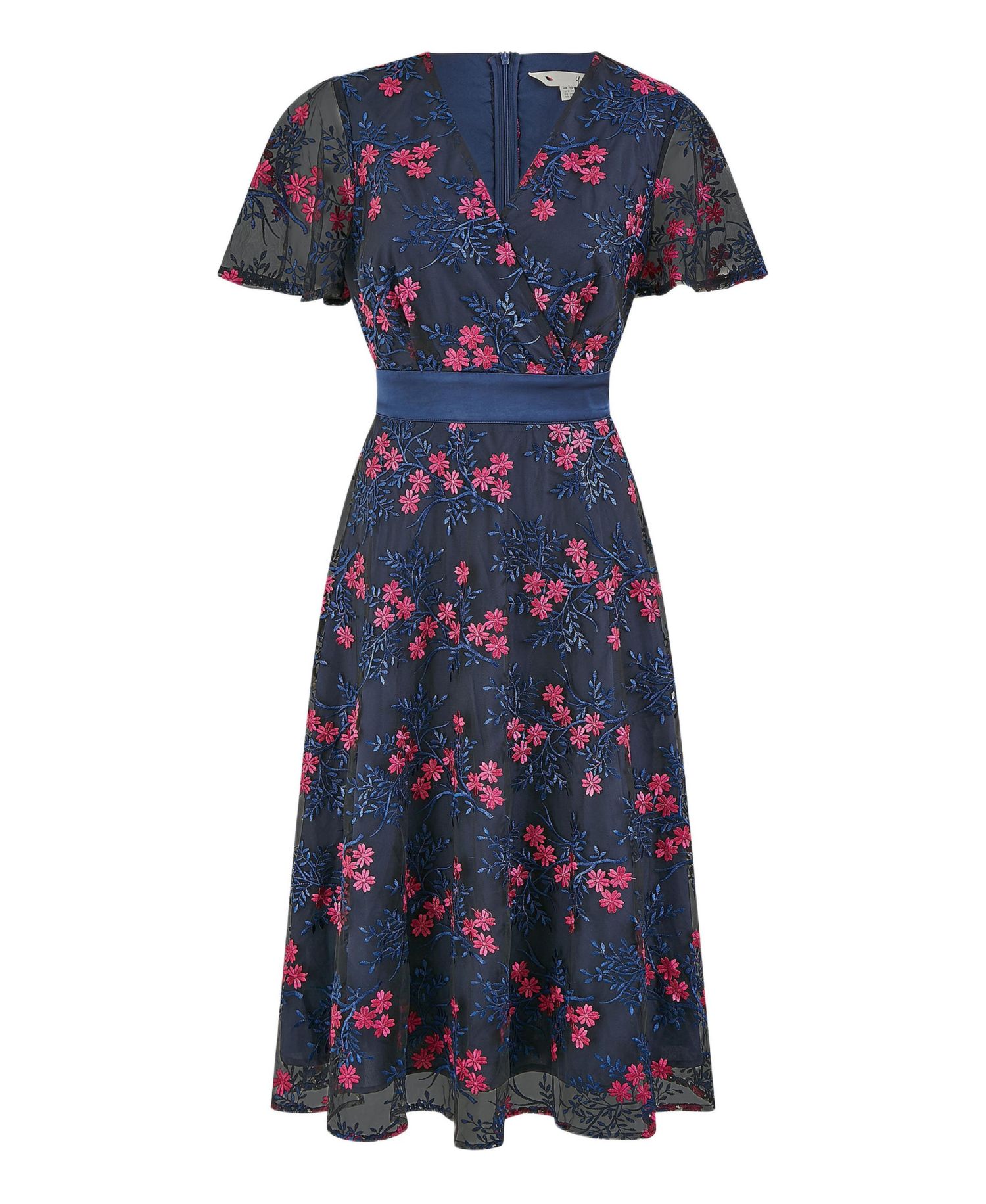 Women's Floral Mesh Wrap Midi Skater Dress