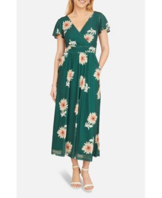 Women's Mesh Flower With Pockets Wrap Midi Dress