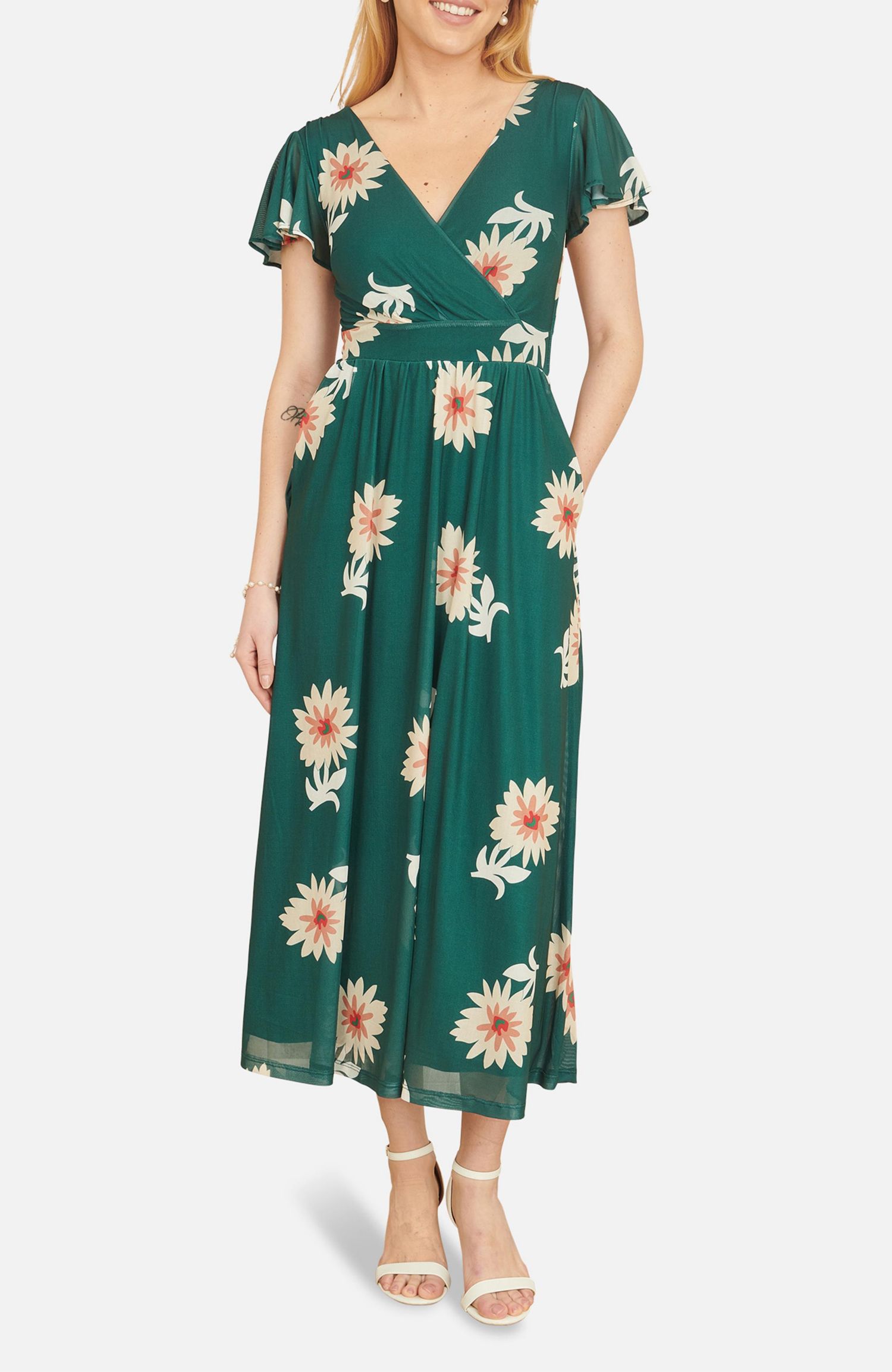 Women's Mesh Flower With Pockets Wrap Midi Dress