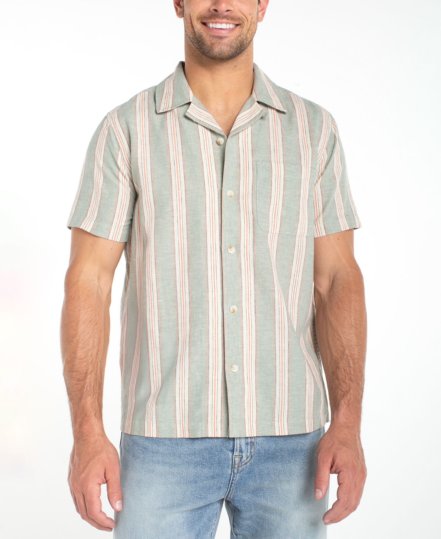 Men's Short-Sleeve Button-Up Stripe Camp Shirt