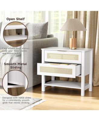 Rattan Nightstand - Bedside Table with 2 Drawers, Open Storage Shelf and Gold Drawer Handles for Bedroom, Living Room, Hallway.