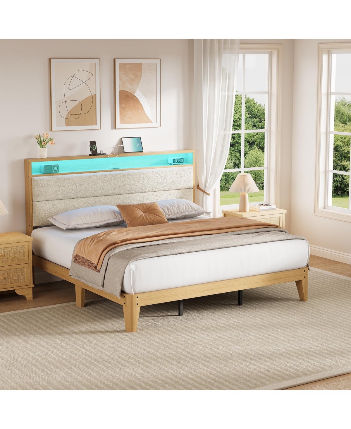 gaomon Boucle Upholstered Bed Frame with Led Lights and Charging Station with 2-Tier Storage Shelves