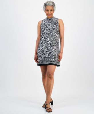 Petite Tie-Back Mock Neck Printed Shift Dress