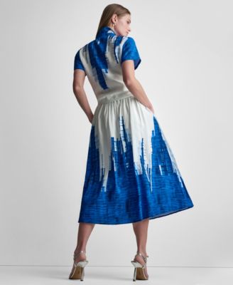 Women's Printed Short-Sleeve Camp Shirt and Printed Abstract Pull-On Midi Skirt