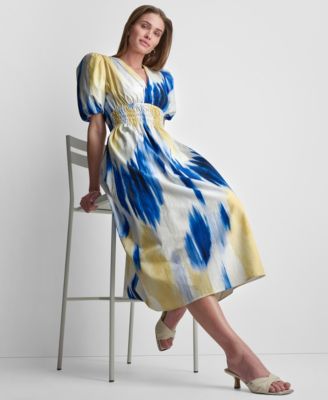 Women's Printed V-Neck Smocked Midi Dress