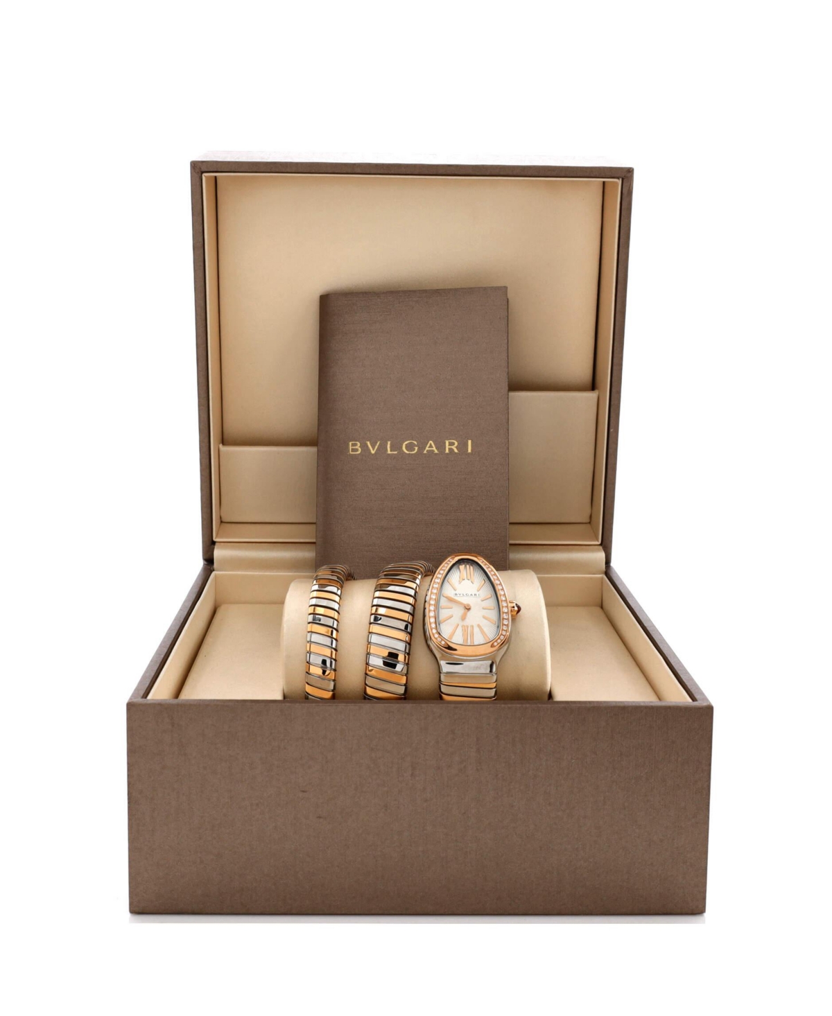 Pre-Owned Bvlgari Serpenti Tubogas Double Spiral Quartz Watch in Stainless Steel and Rose Gold with Diamond Bezel 23mm