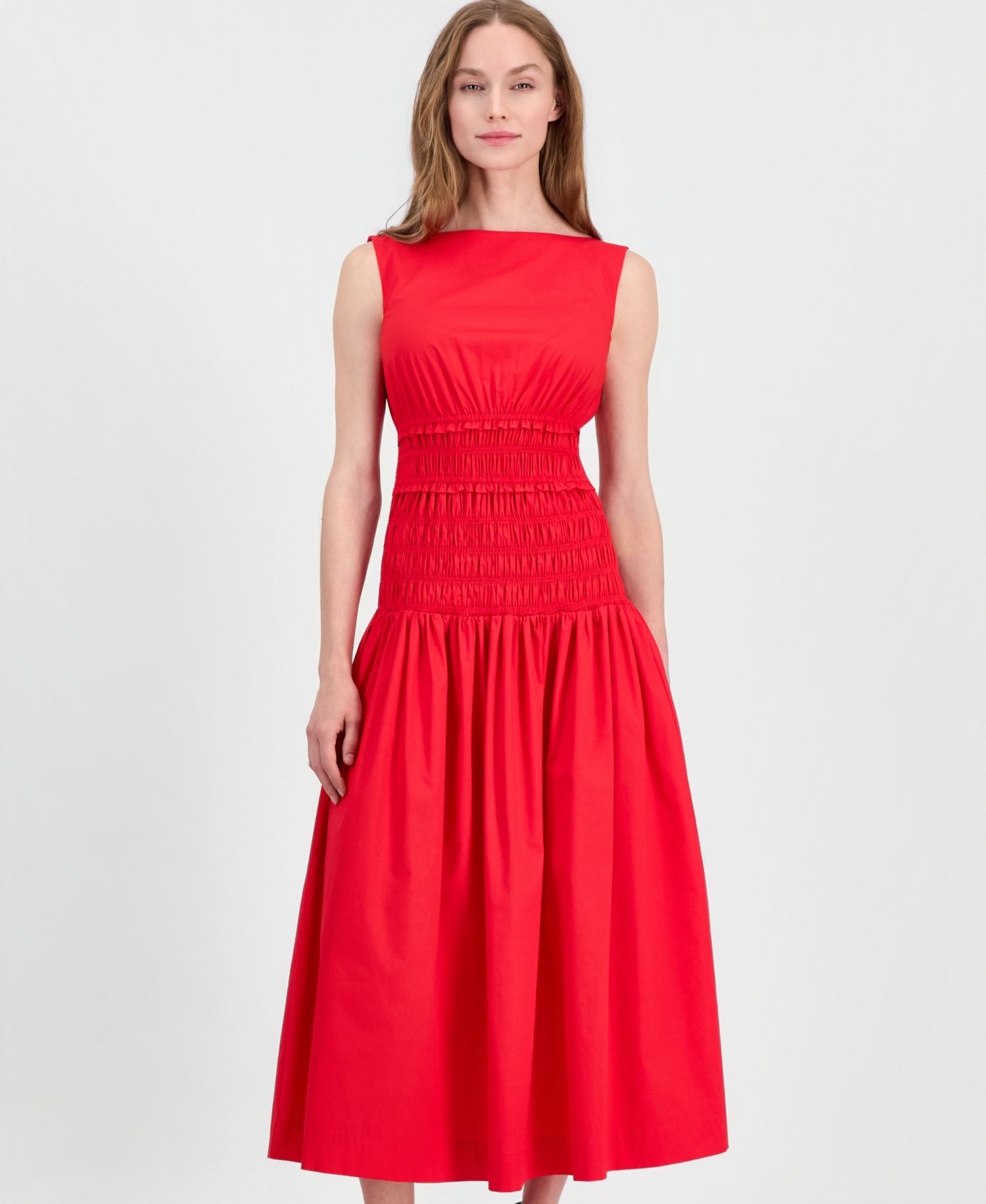 Petite Jewel-Neck Smocked Midi Dress