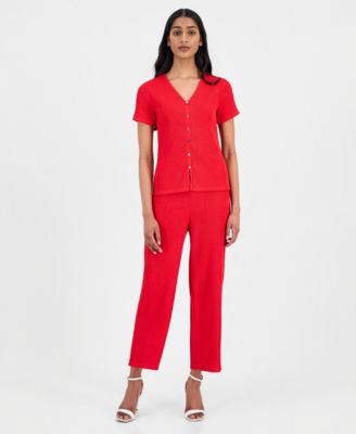 Women's Crinkle-Knit Pull-On Wide-Leg Pants