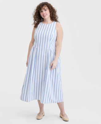 blue and white striped plus size dress Textured Stripe Flounce Hem Dress main image 0