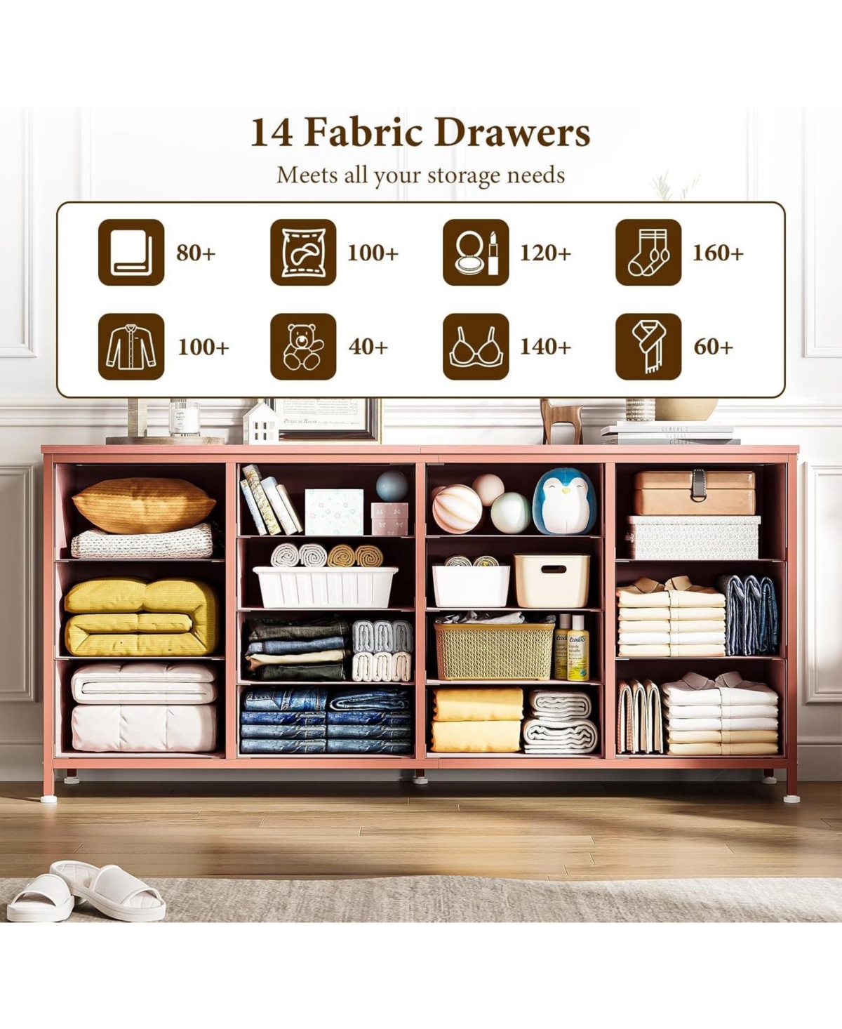 gaomon 63" W Long Fabric Dresser Tv Stand with 14 Drawers and Power Outlets, for 65–75 Inch TVs