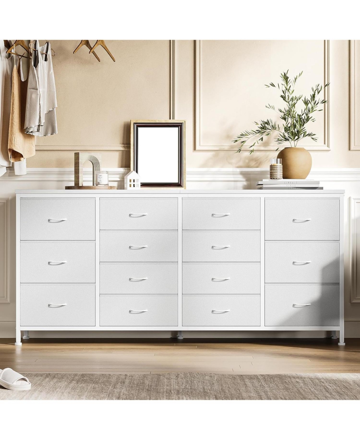 gaomon 63" W Long Fabric Dresser Tv Stand with 14 Drawers and Power Outlets, for 65–75 Inch TVs